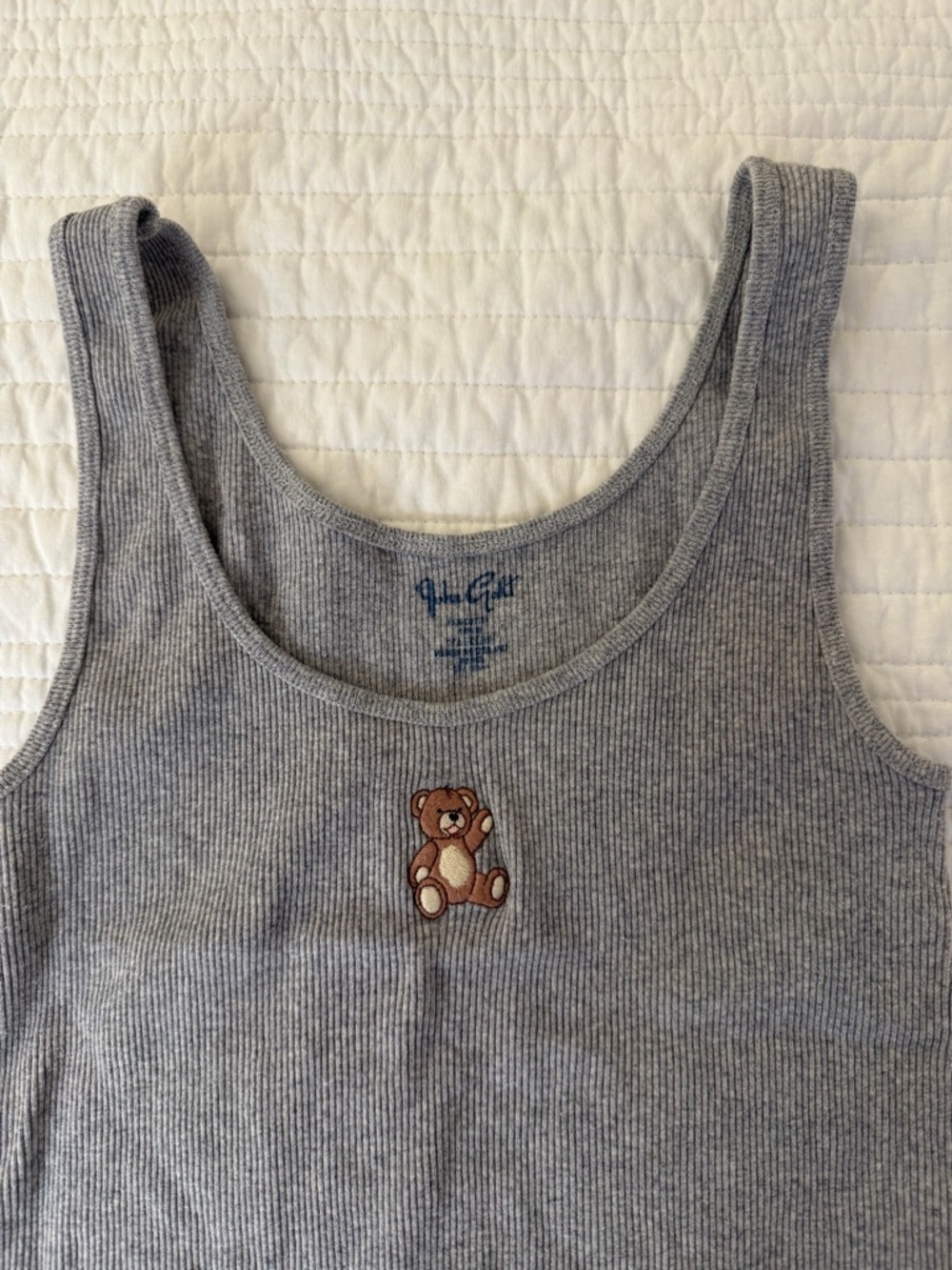 Brandy Melville John Gault - Gray Ribbed Tank Top with Teddy Bear Embroidery